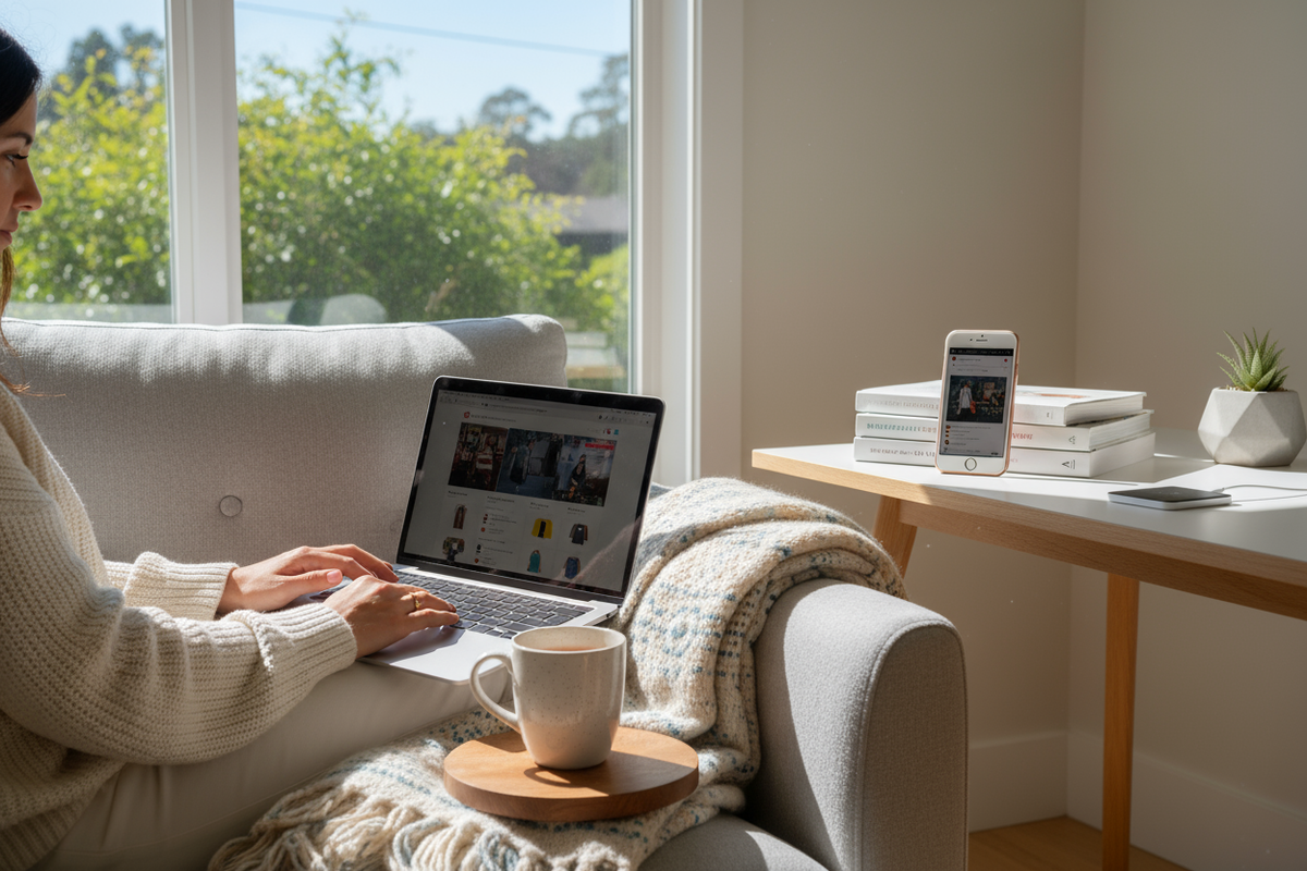 💻 Person using a laptop or phone for shopping — bright daylight, cozy workspace setup.